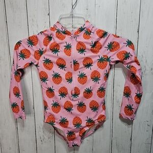 Hanna Anderson Long Sleeve Up Front Strawberry Swimsuit Girls Size 6/7 Rashguard